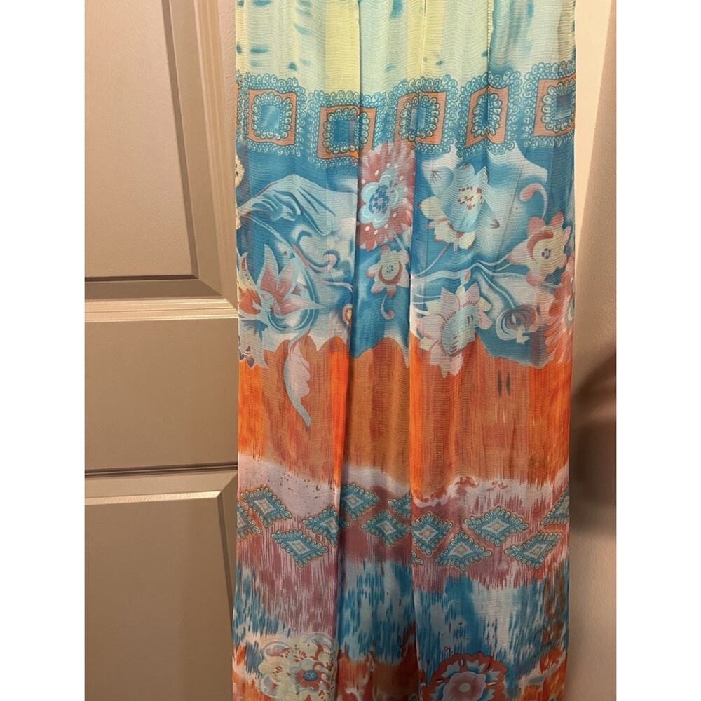 Sue Wong Blue Beaded Watercolor Floral Silk Blend Halter Maxi Dress Size 4 - Picture 7 of 9